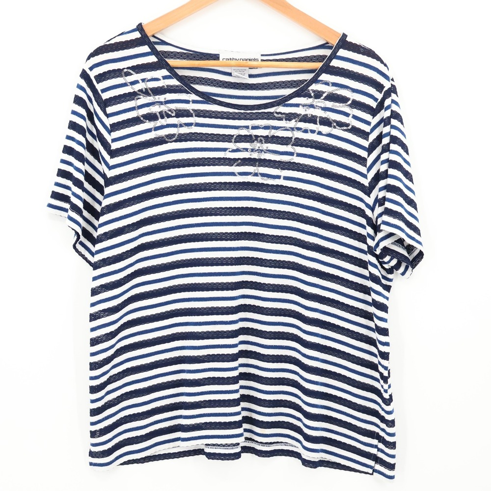 Sequin Striped Top Womens Nautical Blue White Floral Boating Coastal Size XL